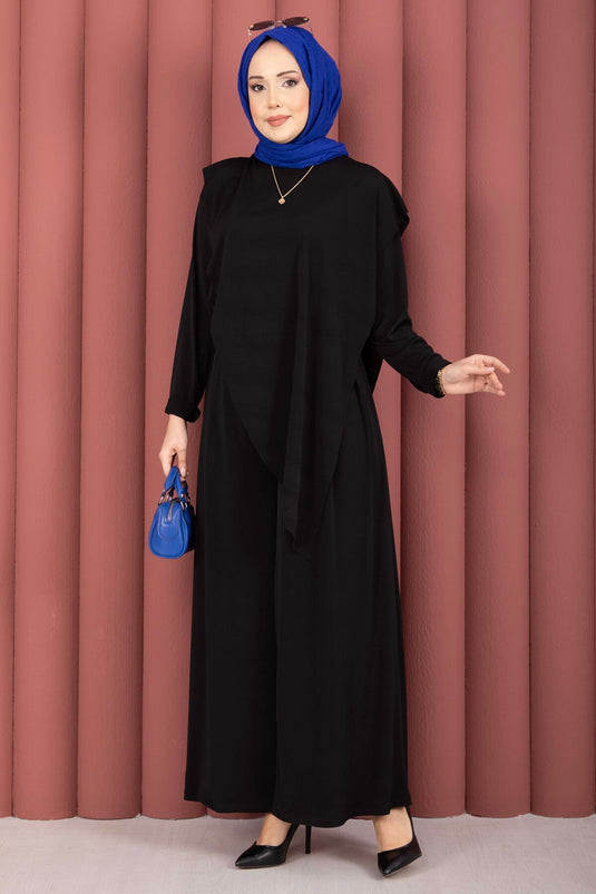 Asymmetric Cut Sandy Two-Piece Set Black