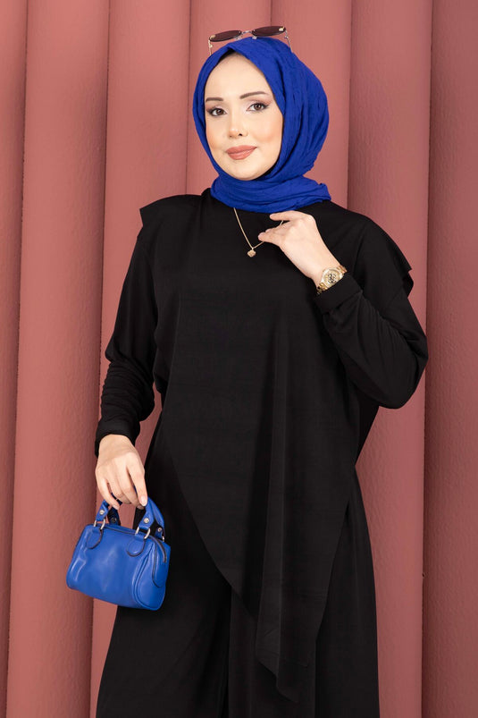 Asymmetric Cut Sandy Two-Piece Set Black