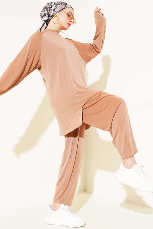 Asymmetrical Cut Sandy Tunic Two-Piece Set Camel