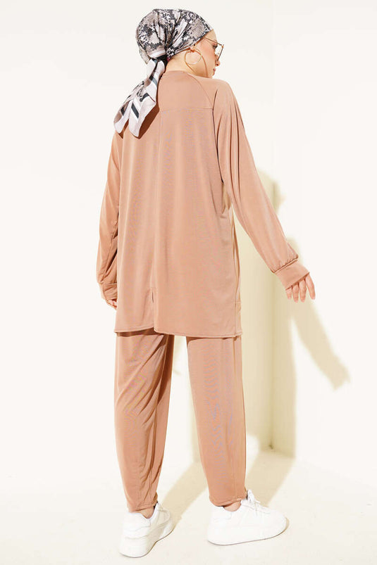 Asymmetrical Cut Sandy Tunic Two-Piece Set Camel