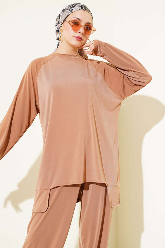 Asymmetrical Cut Sandy Tunic Two-Piece Set Camel