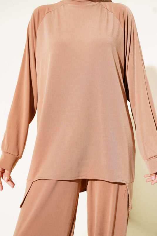 Asymmetrical Cut Sandy Tunic Two-Piece Set Camel