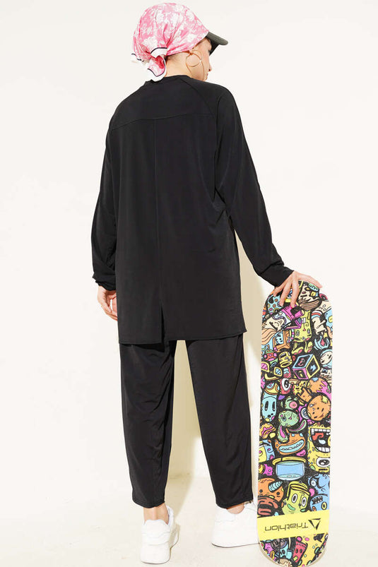 Asymmetrical Cut Sandy Tunic Two-Piece Set Black