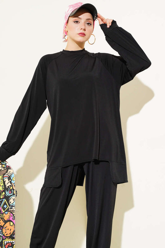Asymmetrical Cut Sandy Tunic Two-Piece Set Black