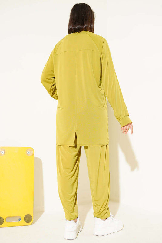 Asymmetrical Cut Sandy Tunic Two-Piece Set Olive Green