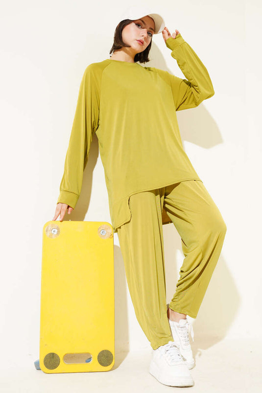 Asymmetrical Cut Sandy Tunic Two-Piece Set Olive Green