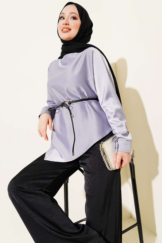 Asimetrik Kesim Saten Tunik Gri