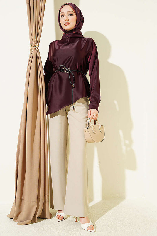 Tunique en satin coupe asymétrique couleur prune