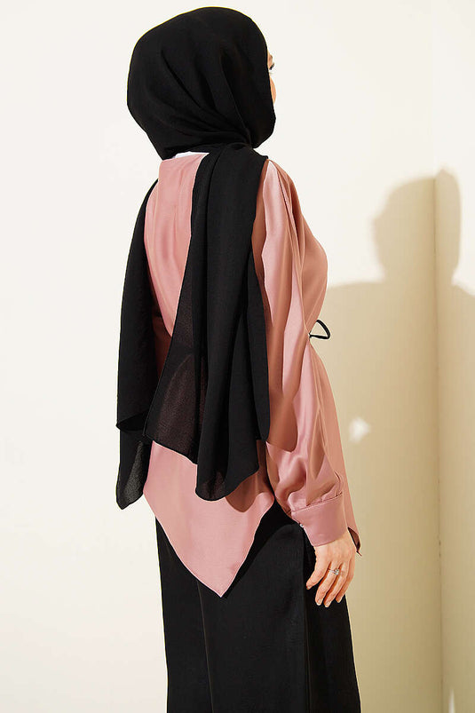 Asimetrik Kesim Saten Tunik Pudra
