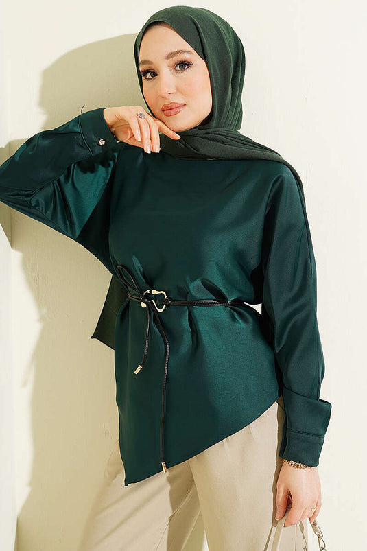 Asimetrik Kesim Saten Tunik Zümrüt