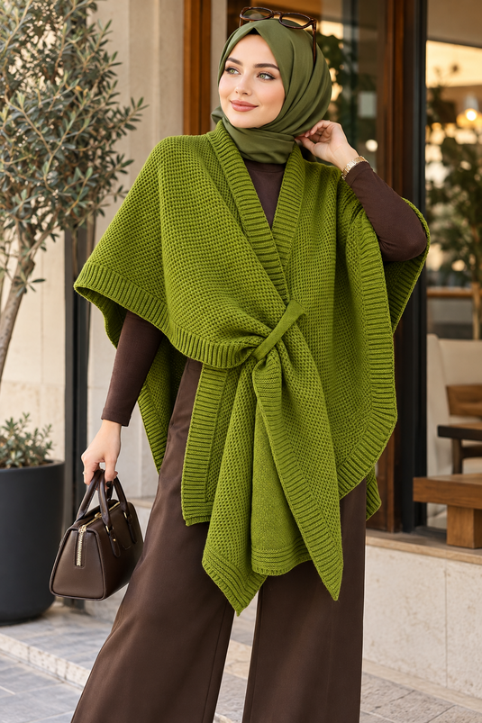 Asimetrik Kesim Tasarım Triko Panço Yeşil Olive