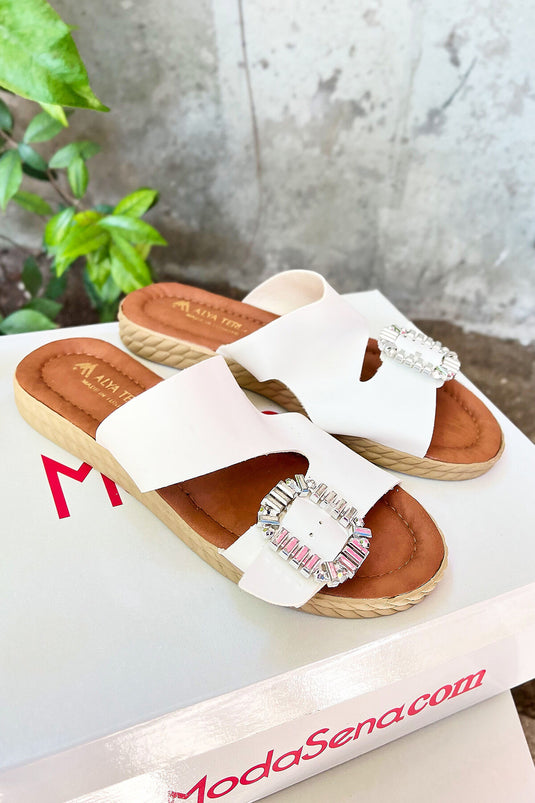 Asymmetric Cut Single Buckle Slippers Ecru