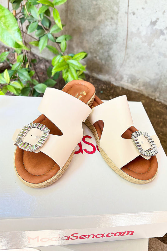 Asymmetric Cut Single Buckle Slippers Cream