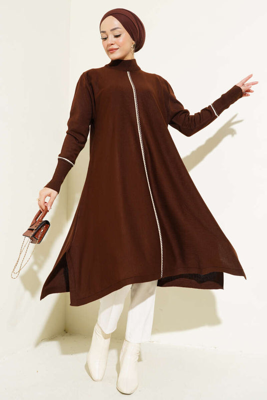 Tunique longue en maille à coupe asymétrique marron