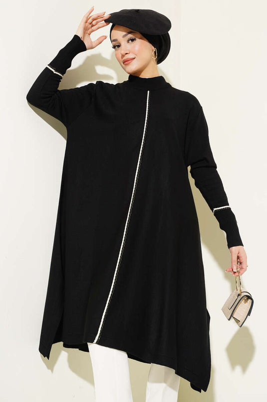 تونيك طويل محبوك بقصّة غير متماثلة باللون الأسود