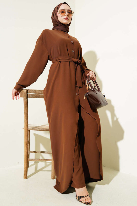 Asimetrik Kesim Uzun Tunik İkili Takım Kahve
