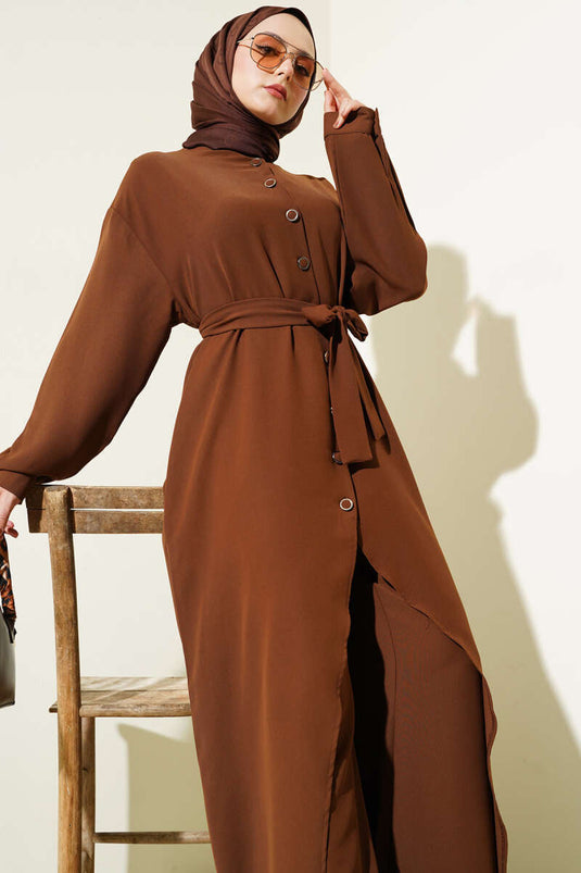 Ensemble deux pièces tunique longue asymétrique marron