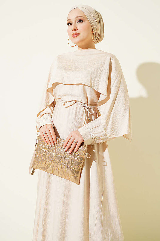 Vestido Beige Asimétrico Con Detalles En Los Hombros