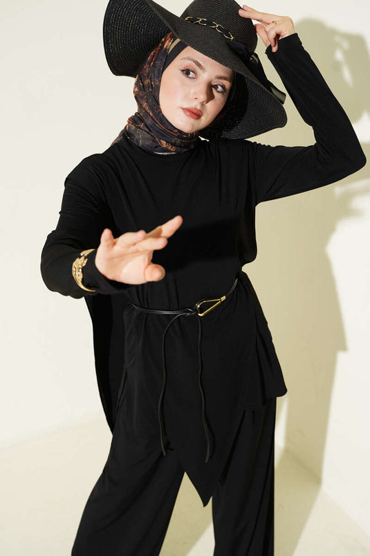 Asymmetric Panelled Belted Sandy Two-Piece Set Black