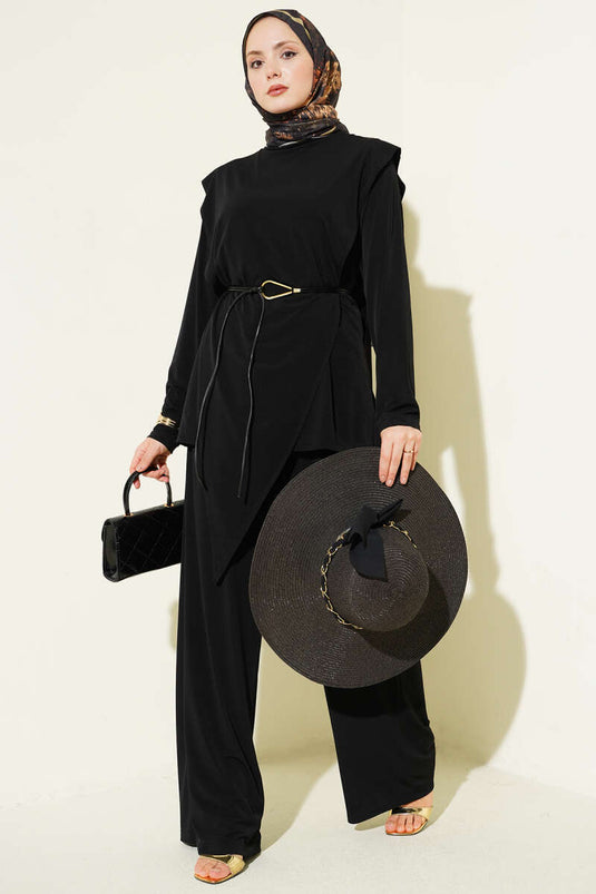 Asymmetric Panelled Belted Sandy Two-Piece Set Black