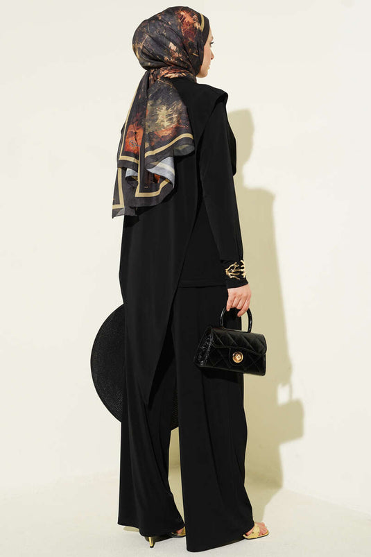 Asymmetric Panelled Belted Sandy Two-Piece Set Black