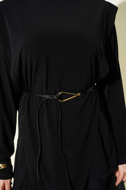 Asymmetric Panelled Belted Sandy Two-Piece Set Black