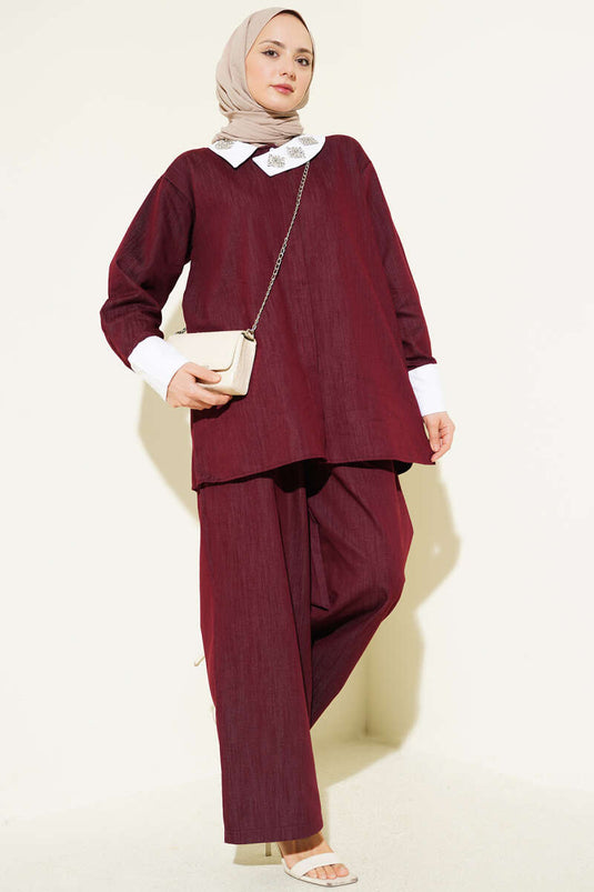 Asymmetric Stone-Collared Hidden Button Two-Piece Set Burgundy