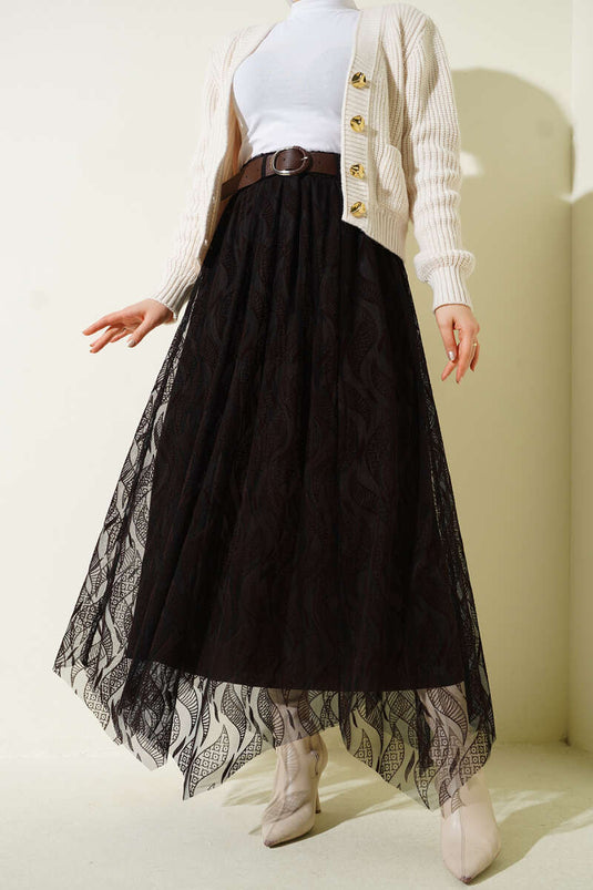 تنورة بحزام وتول غير متماثل بلون بني داكن