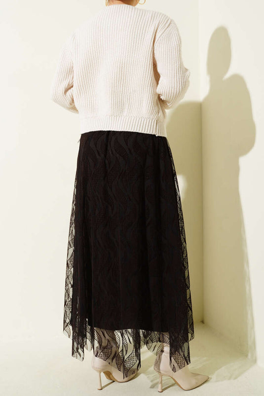 تنورة بحزام وتول غير متماثل بلون بني داكن