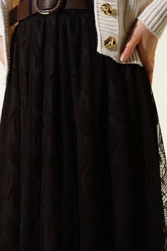 تنورة بحزام وتول غير متماثل بلون بني داكن