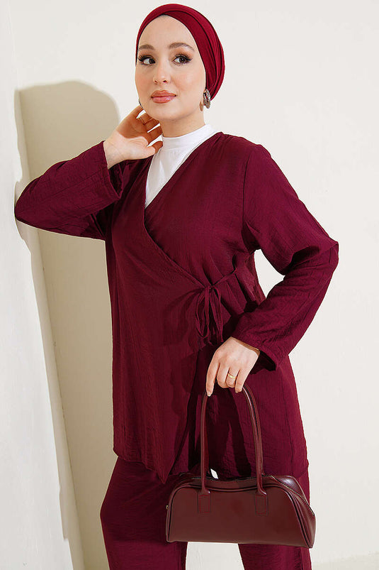 Ensemble double asymétrique avec cordon latéral bordeaux