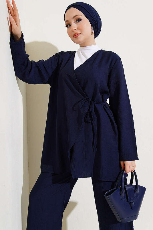 Ensemble double asymétrique avec cordon latéral bleu marine