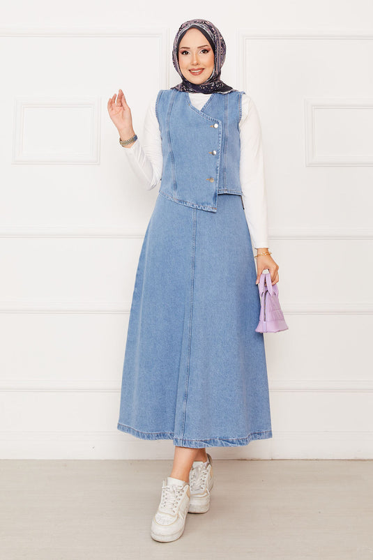 Ensemble deux pièces en jean avec jupe et gilet asymétriques bleu clair