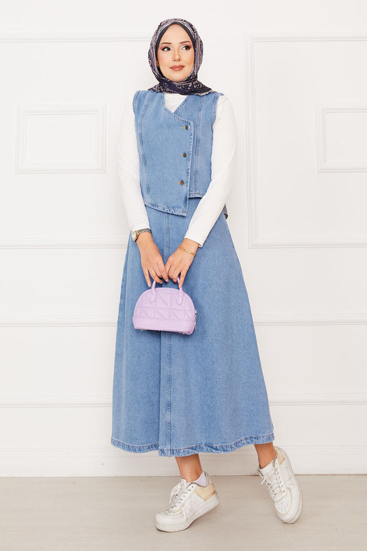 Ensemble deux pièces en jean avec jupe et gilet asymétriques bleu clair