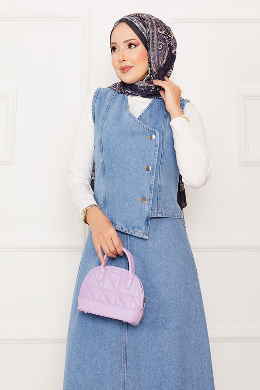 Ensemble deux pièces en jean avec jupe et gilet asymétriques bleu clair