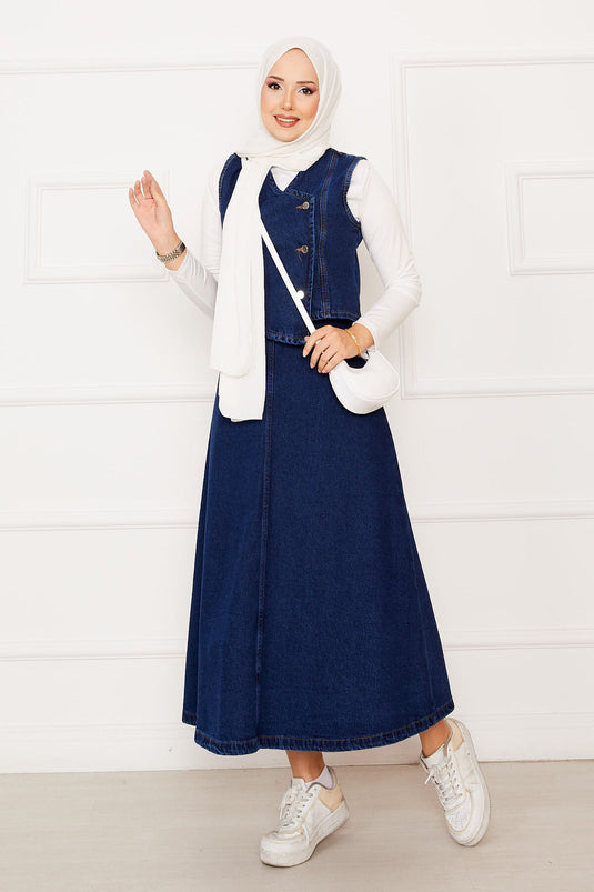 طقم من قطعتين من الجينز وتنورة وسترة غير متماثلة باللون الأزرق الداكن