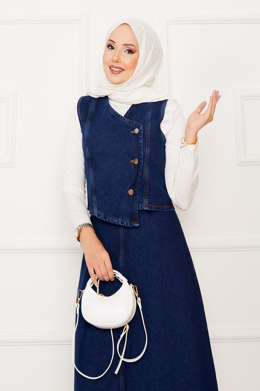 Ensemble deux pièces en jean avec jupe et gilet asymétriques bleu foncé