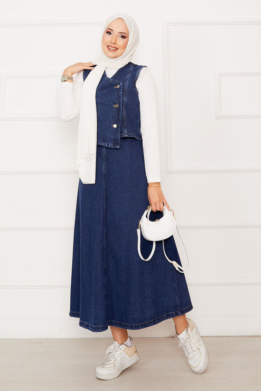 Ensemble Deux Pièces Jupe en Jean avec Gilet Asymétrique Bleu