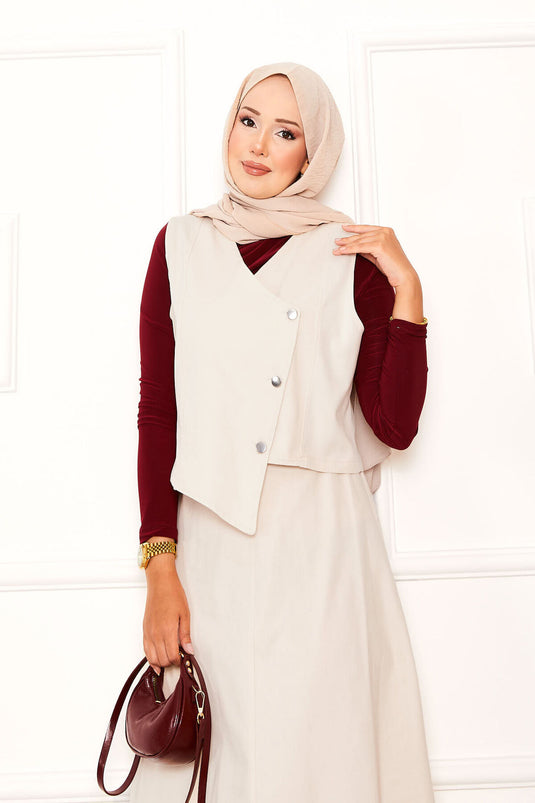 Tailleur jupe deux pièces asymétrique en gabardine crème