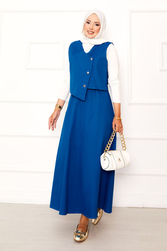 Tailleur jupe double asymétrique en gabardine bleu