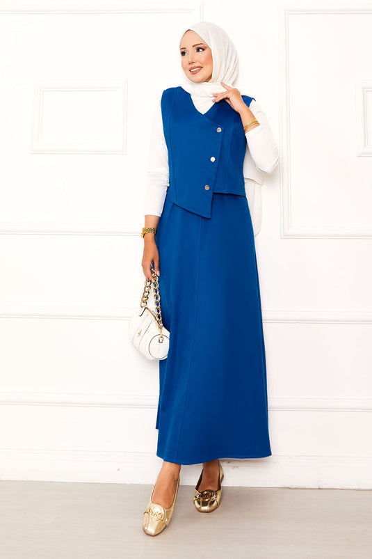 Tailleur jupe double asymétrique en gabardine bleu