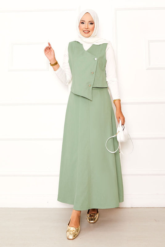 Ensemble deux pièces jupe asymétrique en gabardine à veste menthe