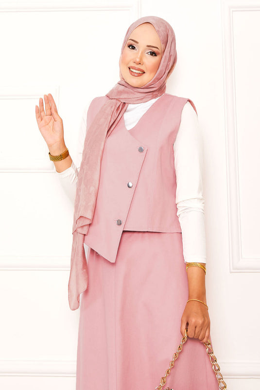 Asimetrik Yelekli Gabardin İkili Etek Takım Pembe