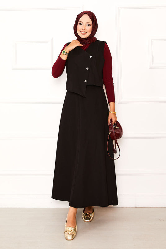 Asymmetrical Vested Gabardine Double Skirt Suit Black