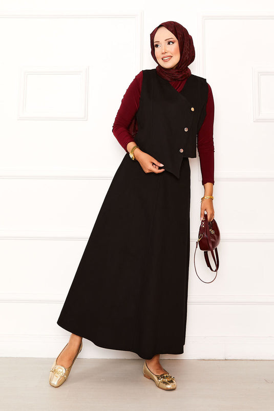 Tailleur jupe double asymétrique en gabardine noire