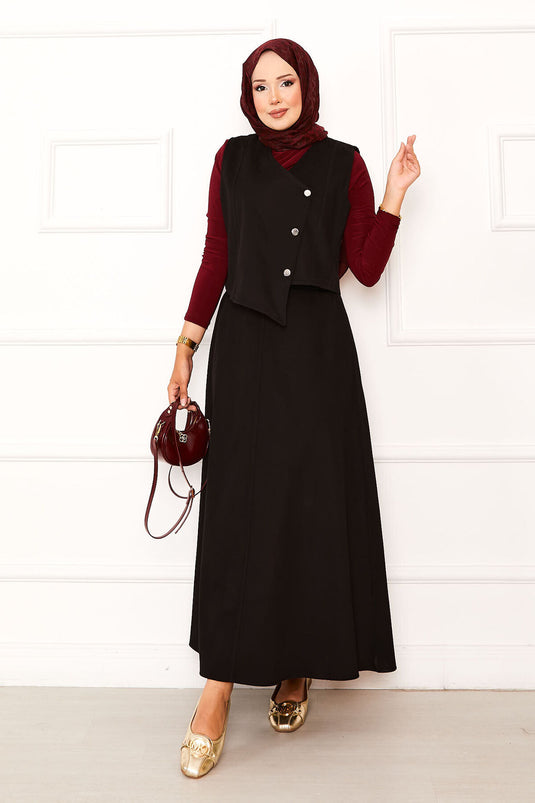 Asymmetrical Vested Gabardine Double Skirt Suit Black