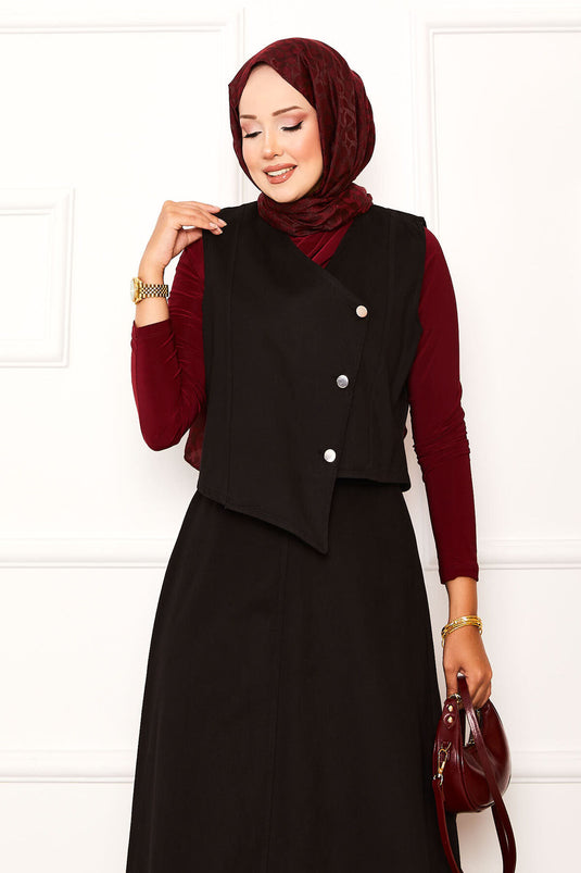 Tailleur jupe double asymétrique en gabardine noire