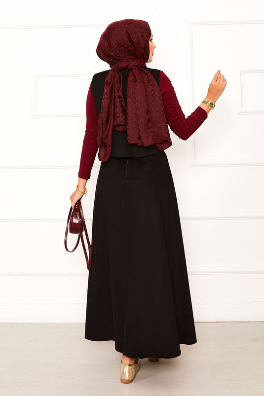 Asymmetrical Vested Gabardine Double Skirt Suit Black