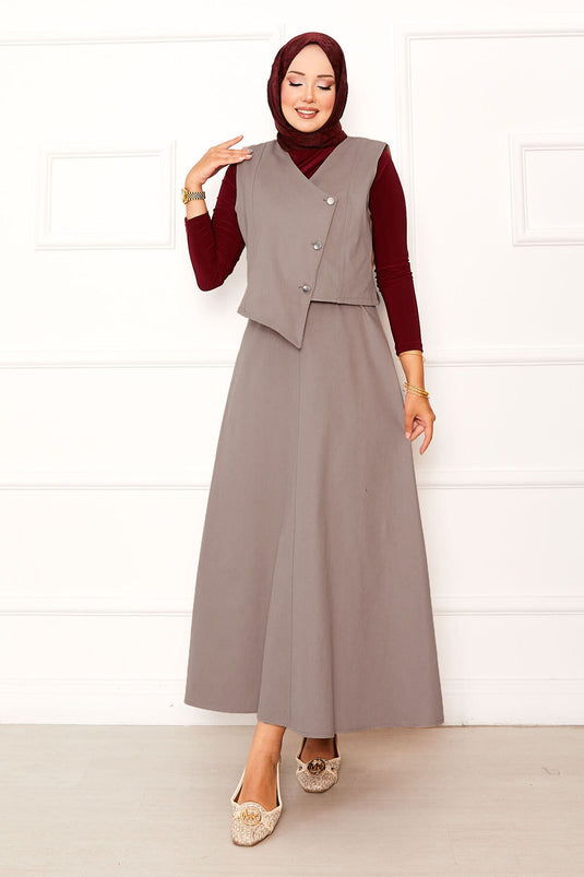 Ensemble jupe double asymétrique en gabardine à vestes couleur vison