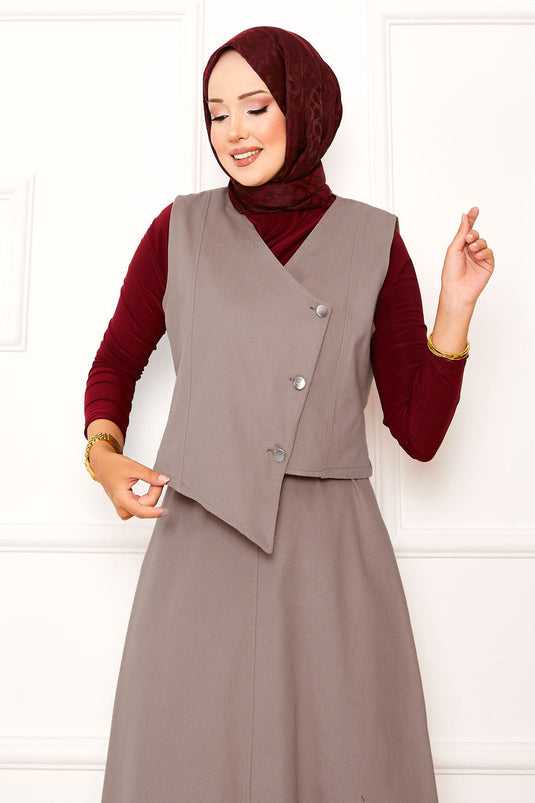 Ensemble jupe double asymétrique en gabardine à vestes couleur vison